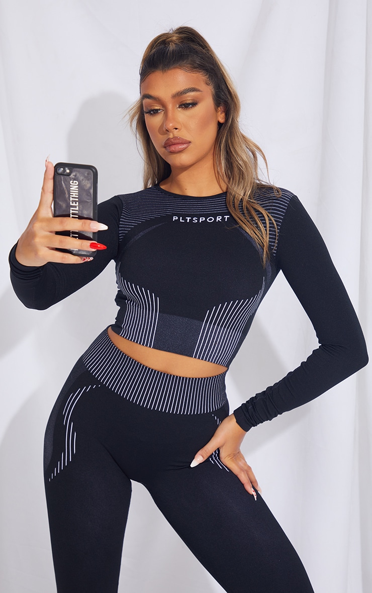 PRETTYLITTLETHING Black Contour Seamless Long Sleeve Top