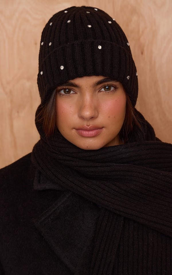 Black Ribbed Diamante Fold Over Beanie