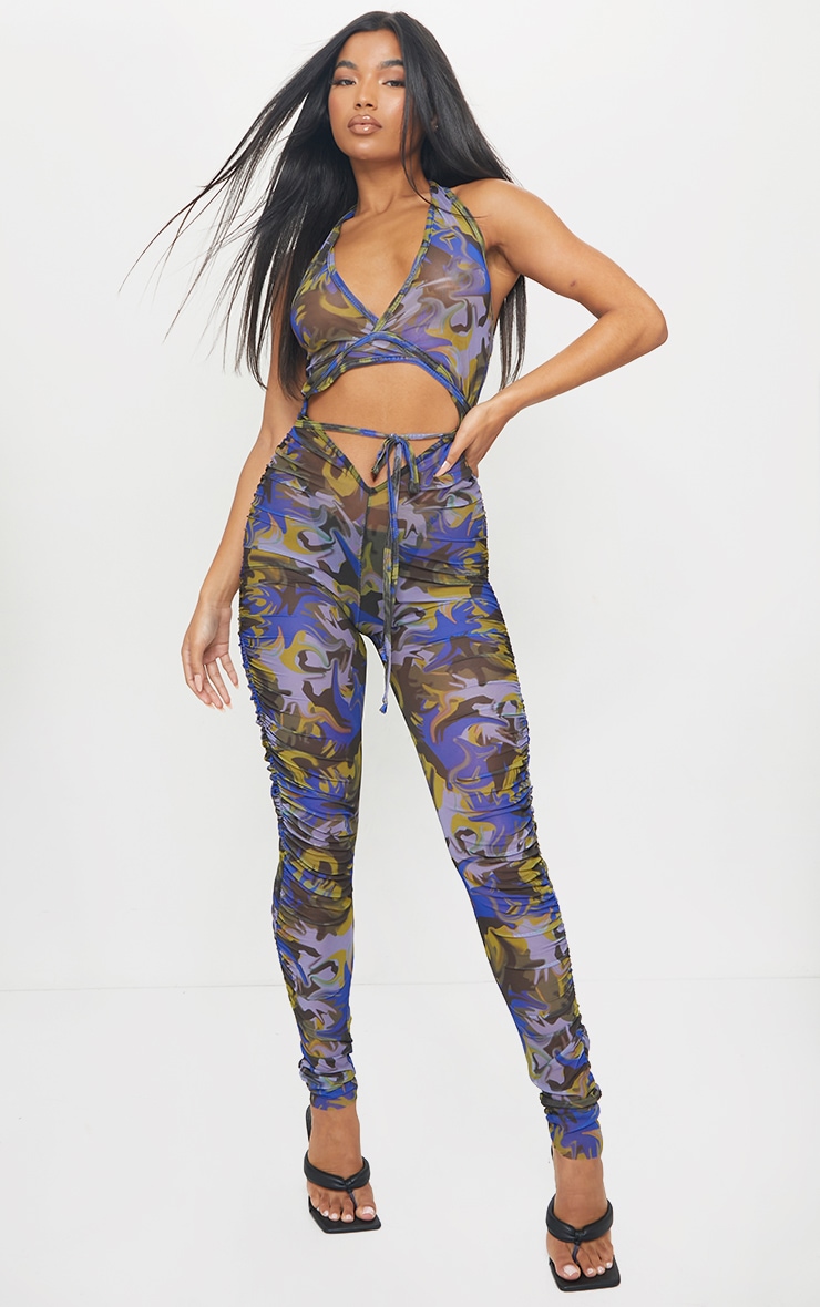 Multi Abstract Print Plunge Lace Up Mesh Jumpsuit