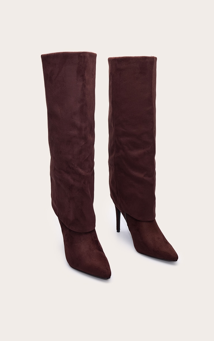 Chocolate Faux Suede Point Toe Fold Over High Heeled Calf High Boots image 3