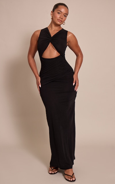 Shape Black mousseline de soie Cutout Ruched mi-longue Dress
