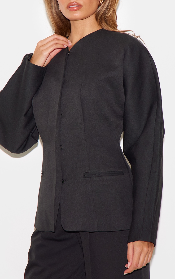 Black Premium Woven Tailored Collarless Detail Blazer image 4