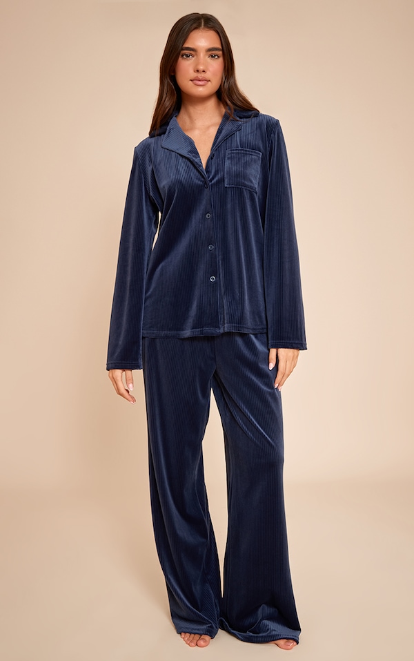 Navy Button Up Fleece Cord Style Pajama Set
