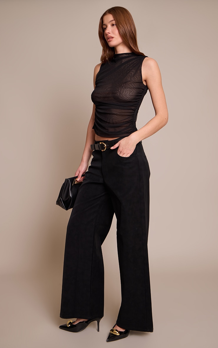 Black Sheer Mesh High Neck Ruched Detail Long Top image 3