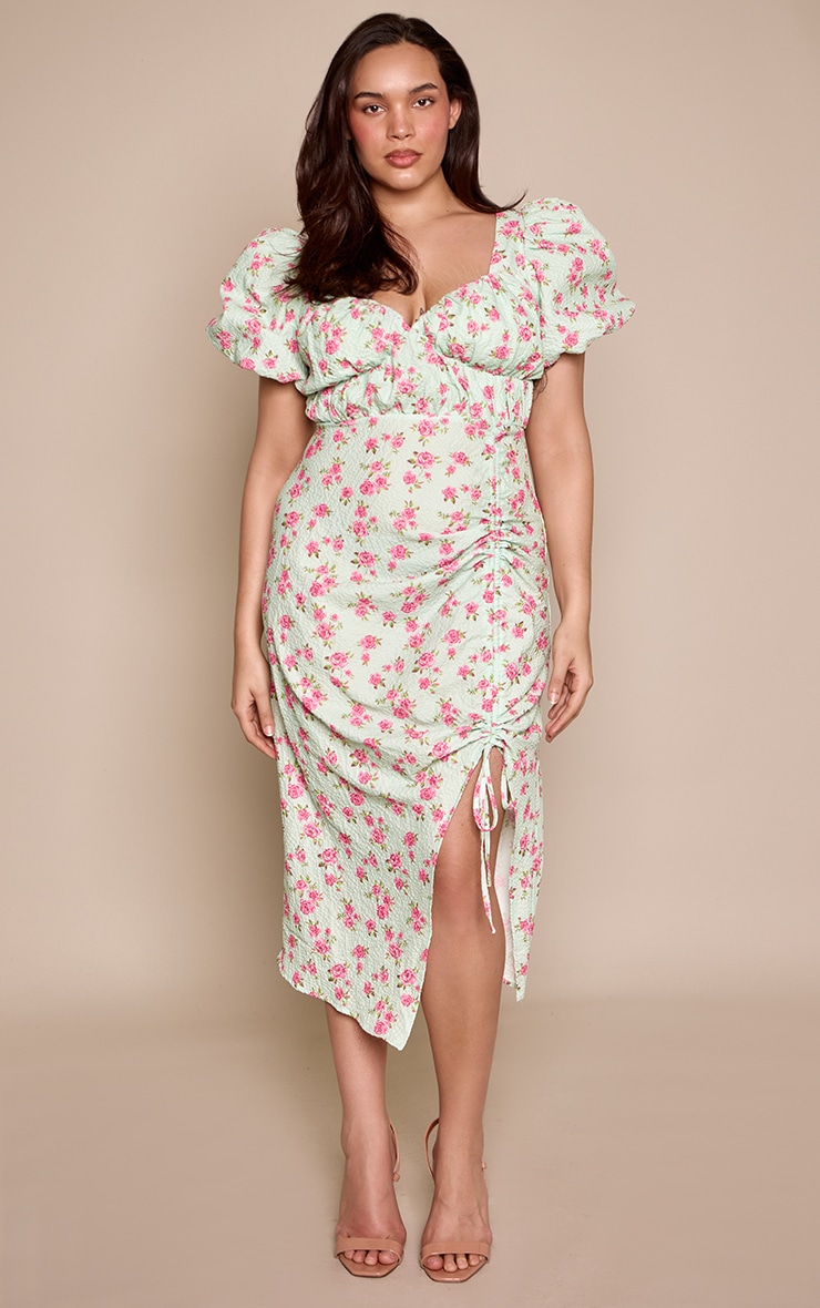 Plus Mint Floral Puff Sleeve Ruched Split Side Midi Dress