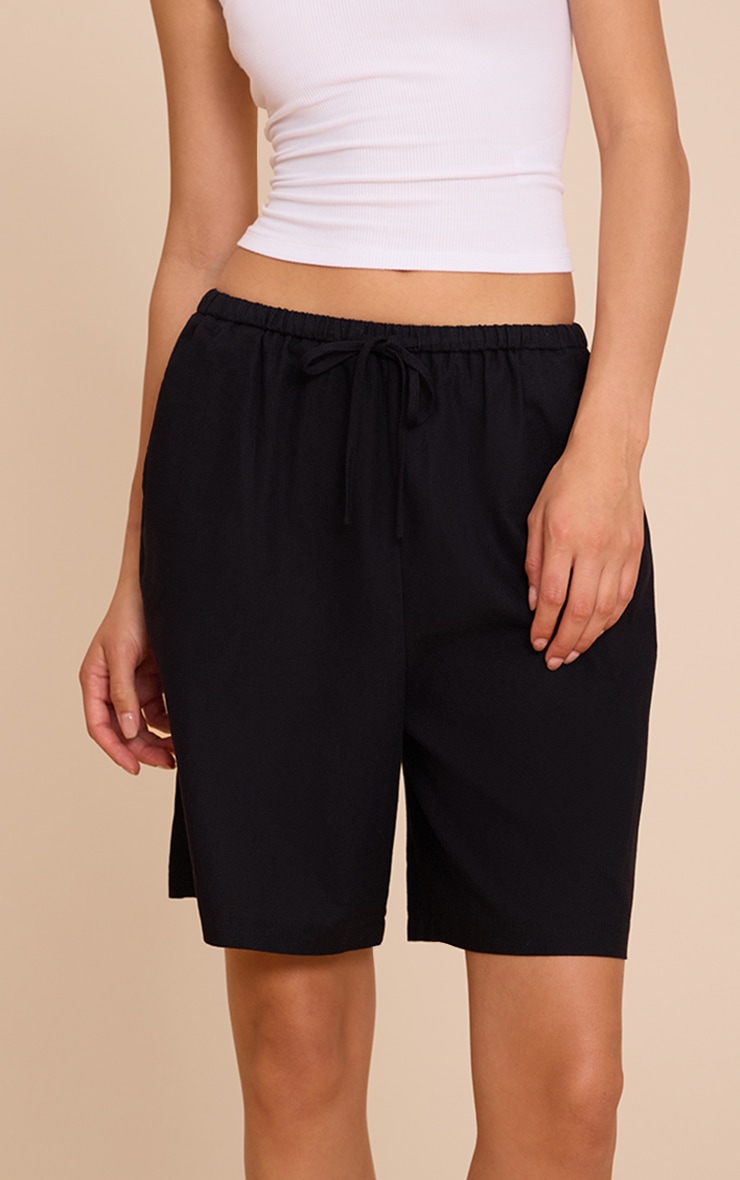 Black Linen Blend Longline Shorts image 5