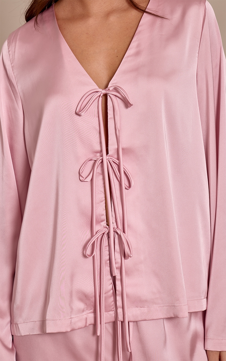 Mauve Satin Tie Front Long Sleeve PJ Set image 4
