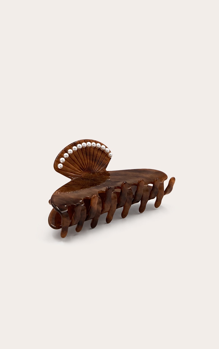 Brown Tortoiseshell Claw Clip With Pearl Detail image 3