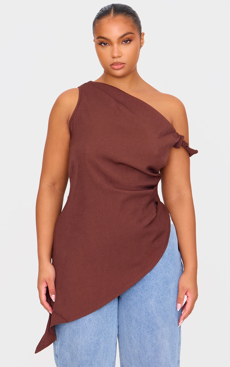 Plus Chocolate Woven Asymmetric Hem Ruched Long Top image 3