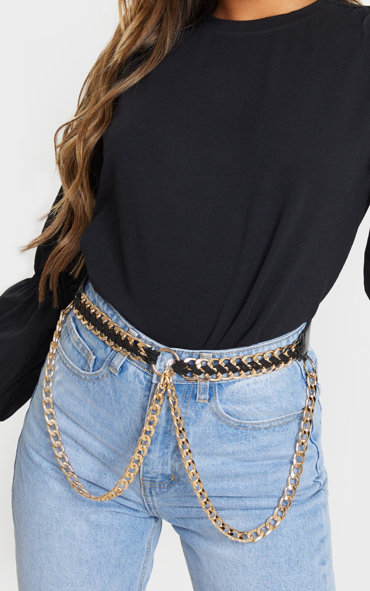 Black Pu Gold Chain Waist Belt
