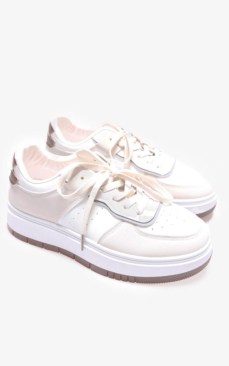 White and Cream Pu Contrast Chunky Sole Lace Up Sneakers - Image 4