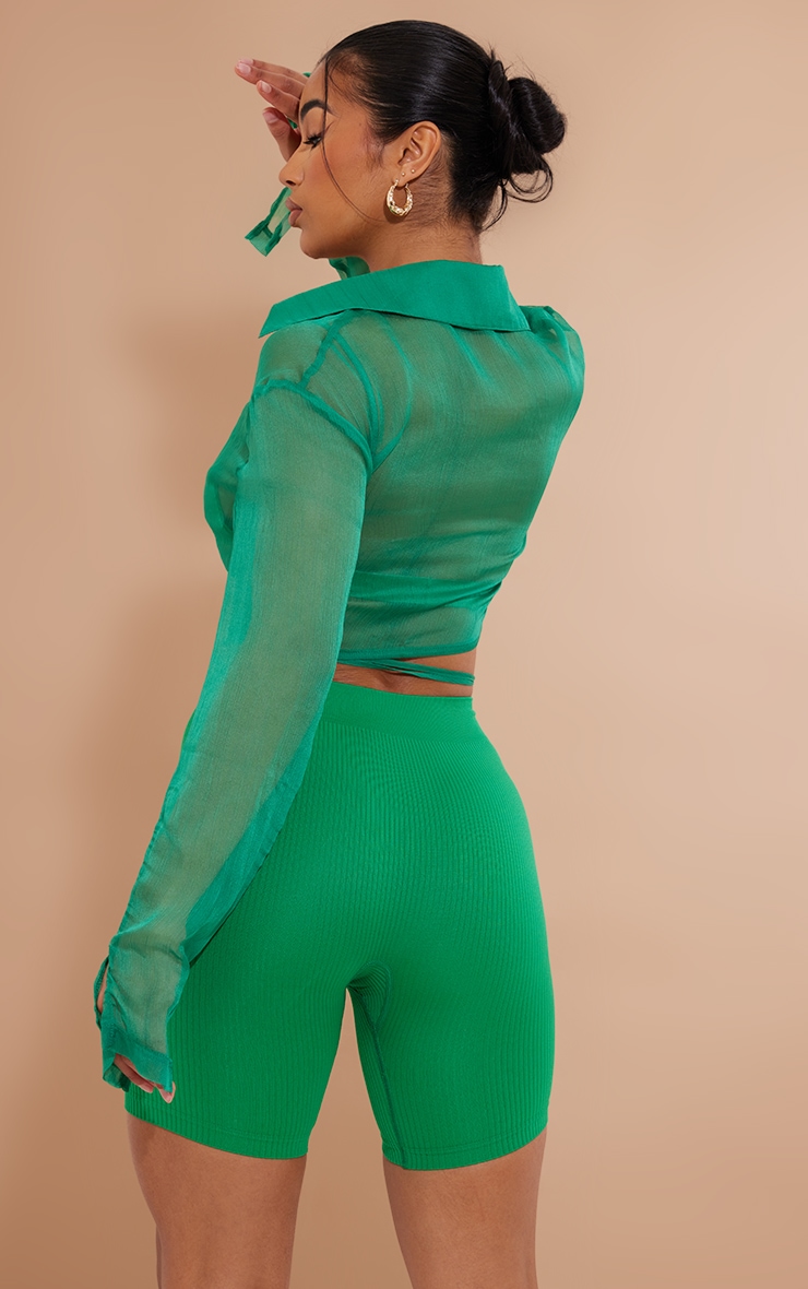 Bright Green Chiffon Tie Waist Crop Shirt image 2