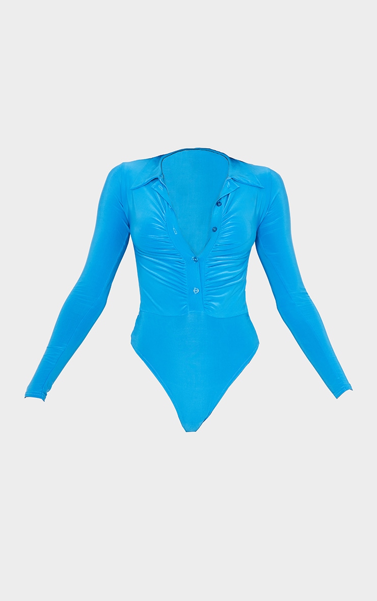 Bright Blue Slinky Ruched Button Front Long Sleeve Bodysuit image 5