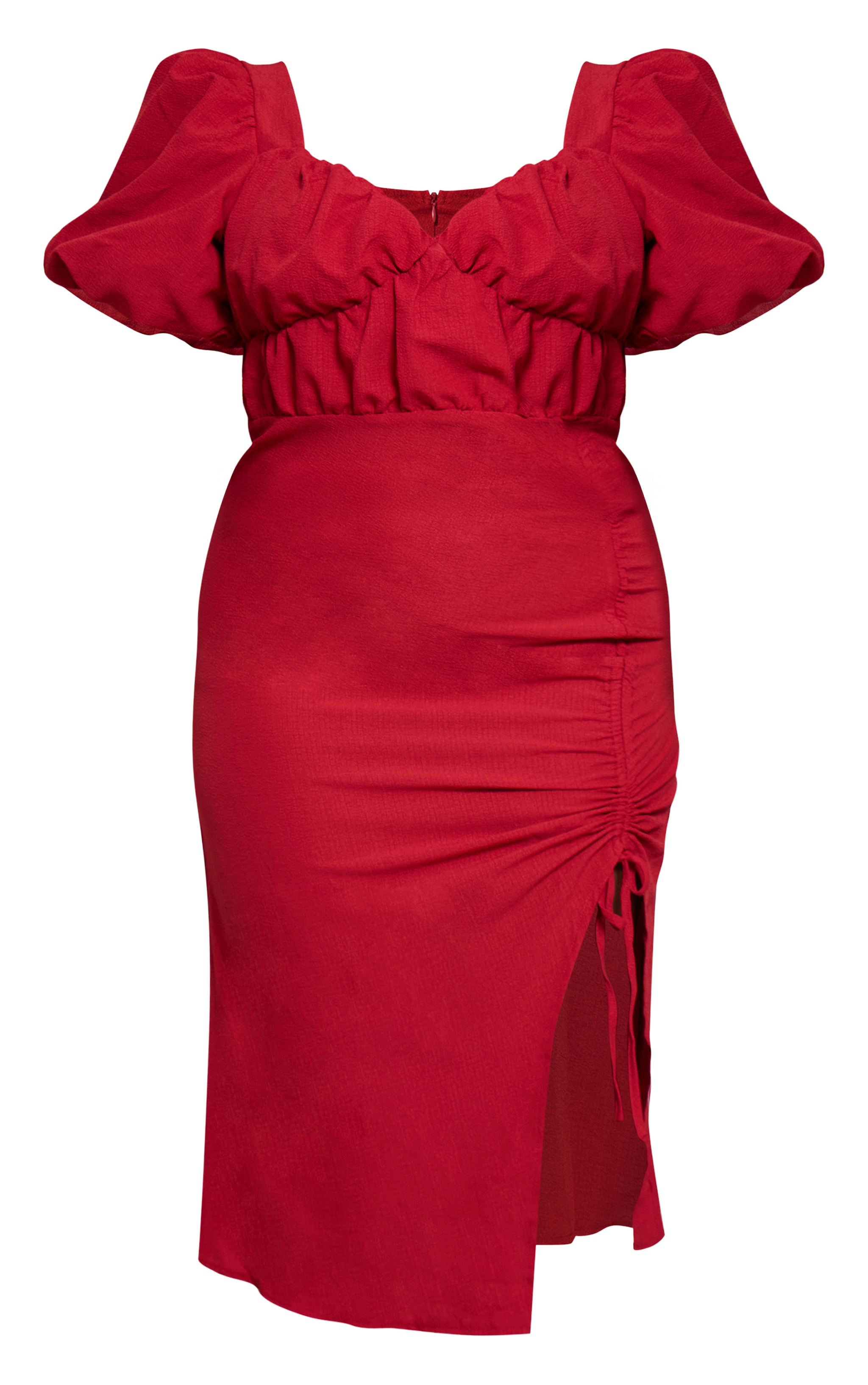 Plus Deep red Puff Sleeve Ruched Split Side Midi Dress image 5