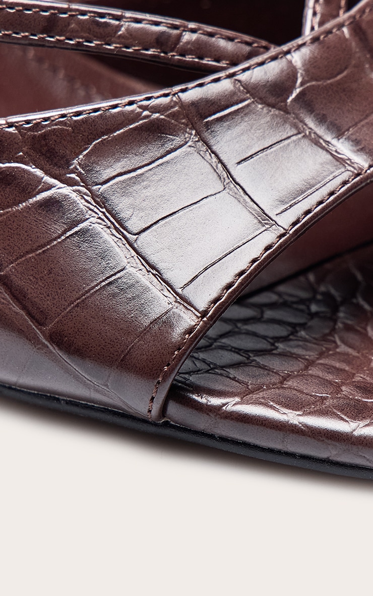 Chocolate Croc Pu Round Toe Cut Out Strap Mid Heeled Mules image 5