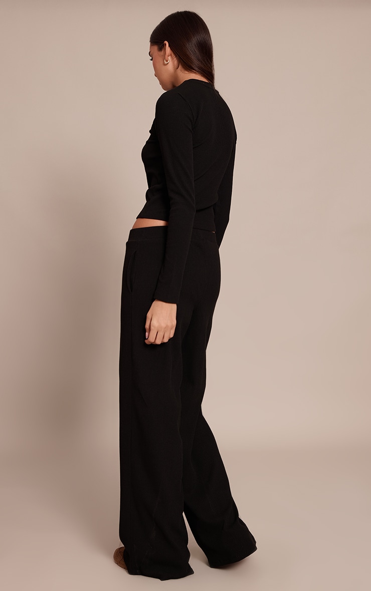Black Rib Drawstring Low Rise Straight Leg Pant  image 3