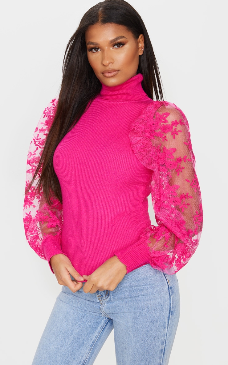 Pink Embroidered Mesh Sleeve Knitted Jumper PrettyLittleThing