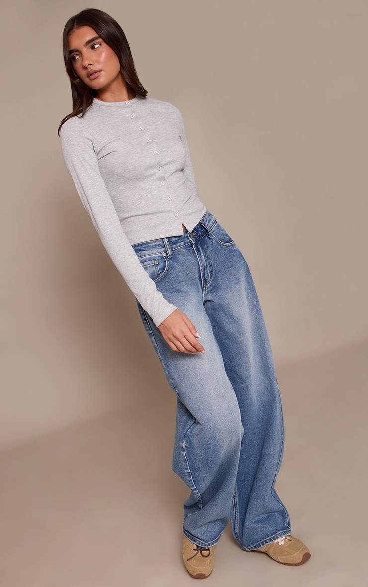 Grey Marl Soft Rib Button Down Long Sleeve Top image 3