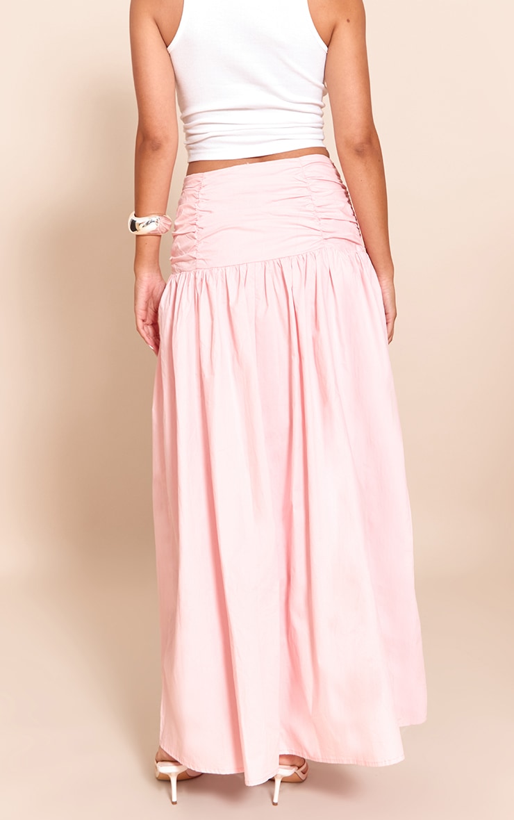 Pink Cotton Poplin Ruched Dropped Waist Maxi Skirt image 2