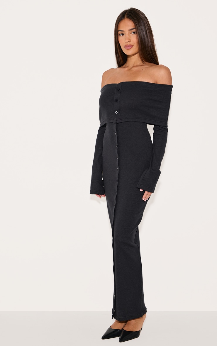 Black Rib Fold Over Bardot Button Maxi Dress image 3