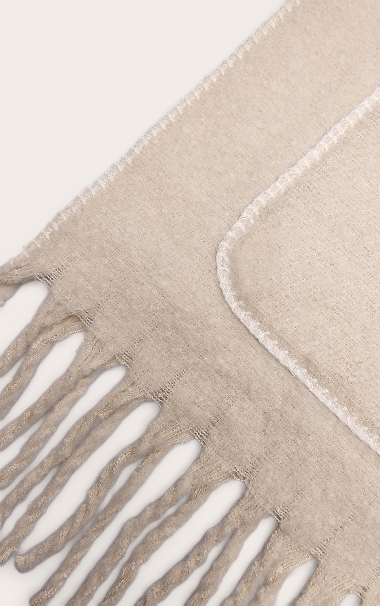 Oatmeal Pocket Stitch Detail Tassel Scarf image 3