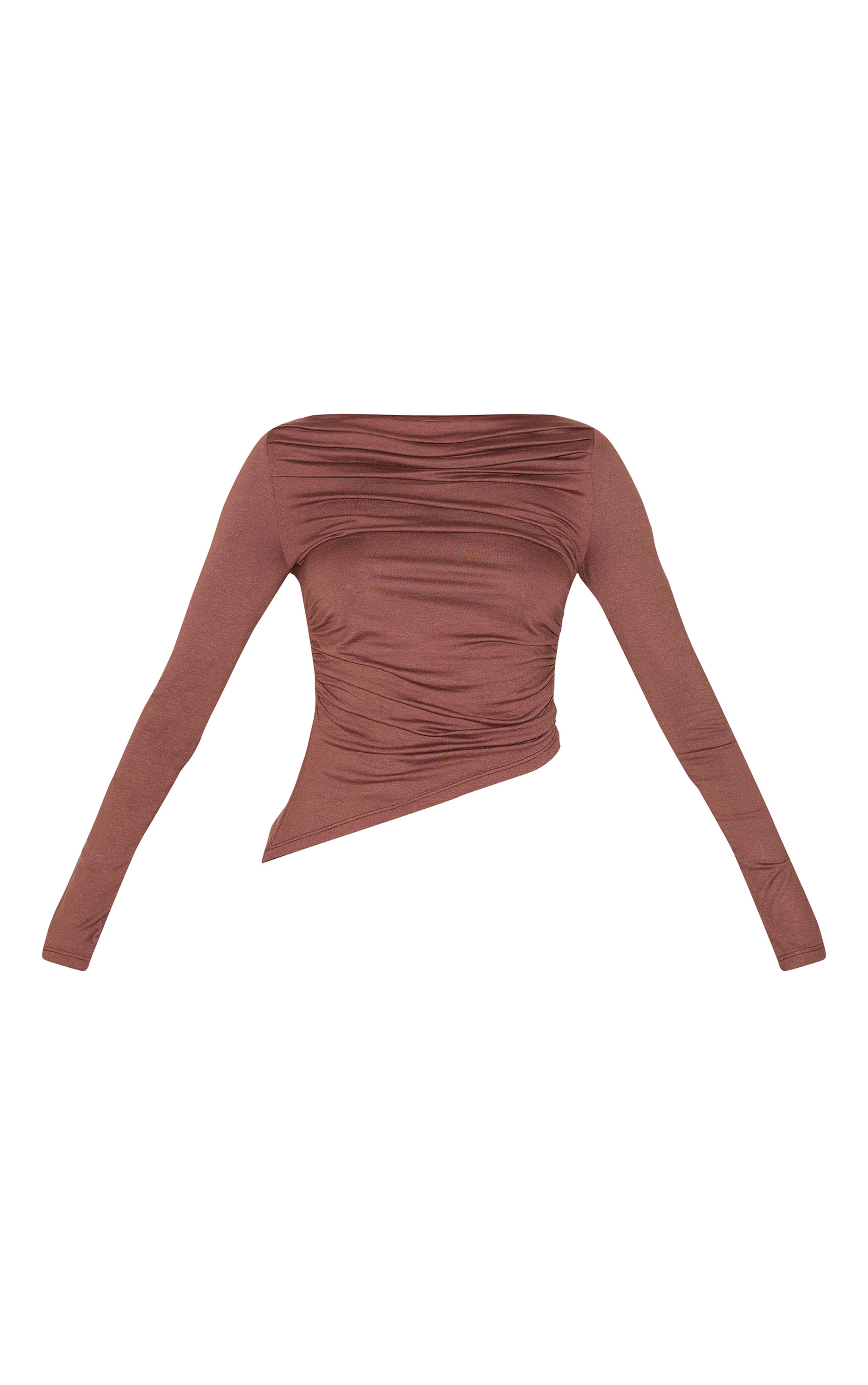 Mocha Ruched Detail Asymmetric Hem Long Sleeve Top image 5