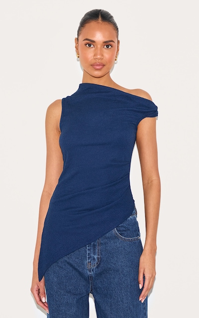 Navy Textured Rib Twist Detail Asymmetric Longline Top