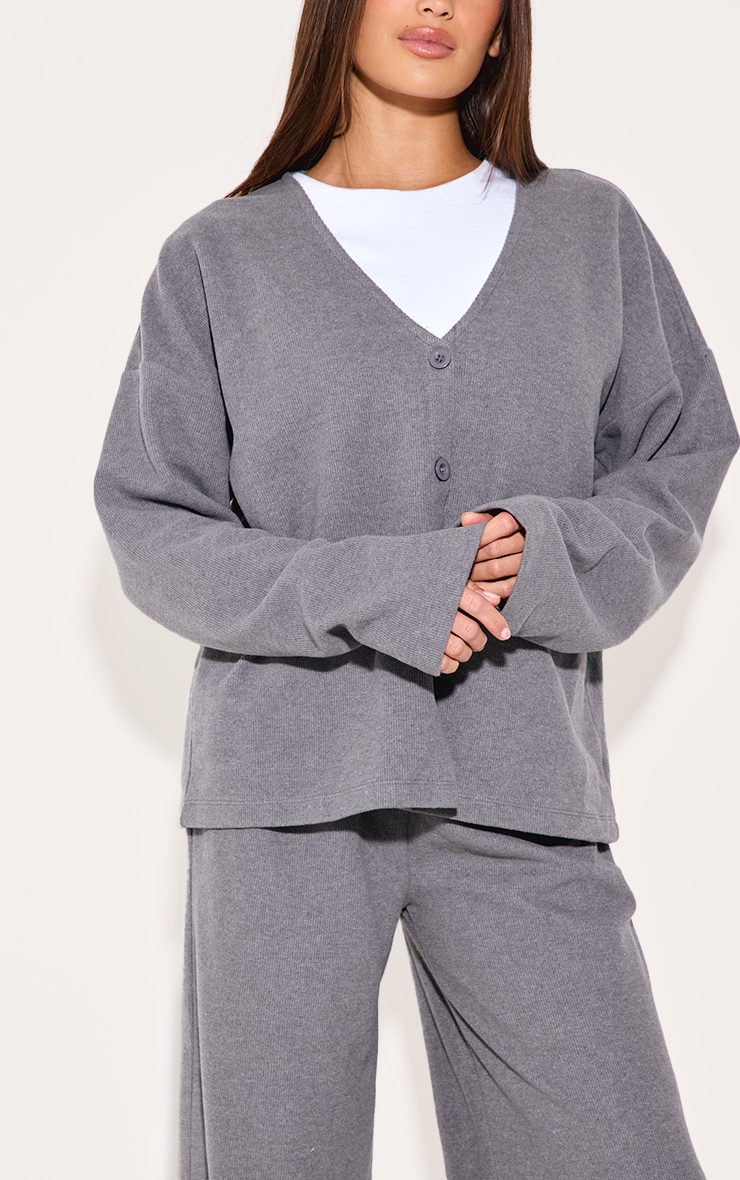 Charcoal Heavy Brushed Rib V Neck Button Up Cardigan image 4