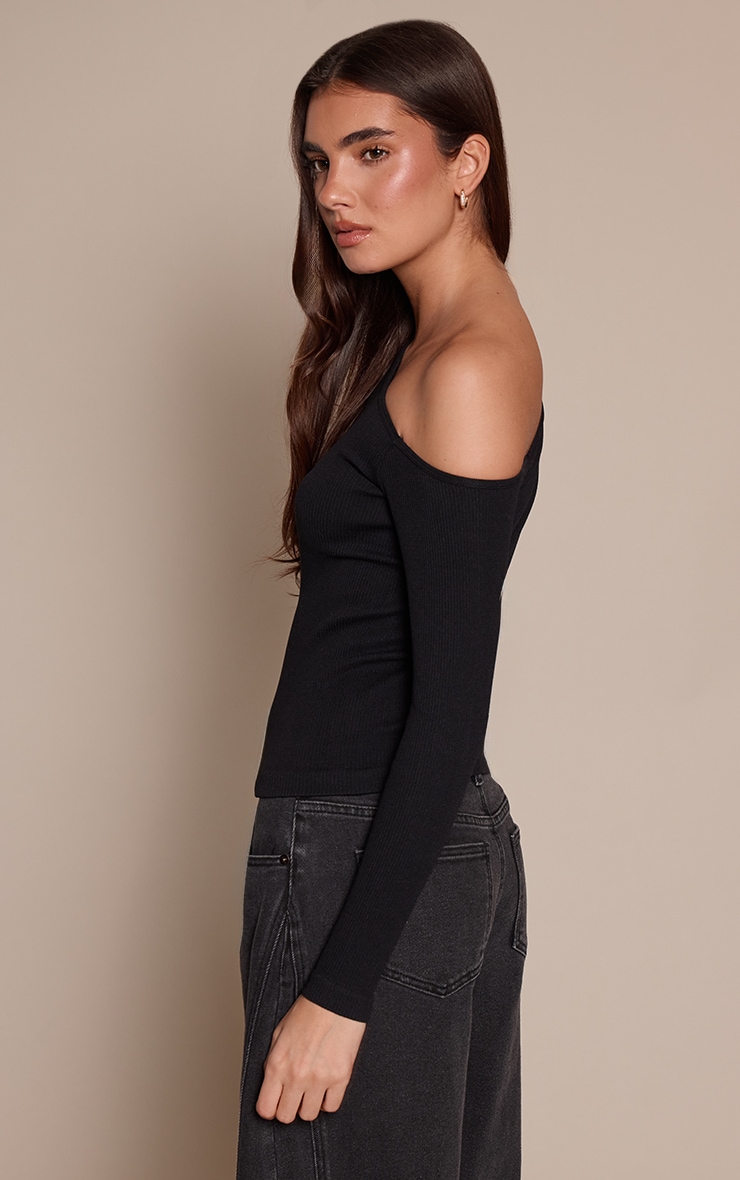 Black Contour Rib Asymmetric Long Sleeve Top   image 2