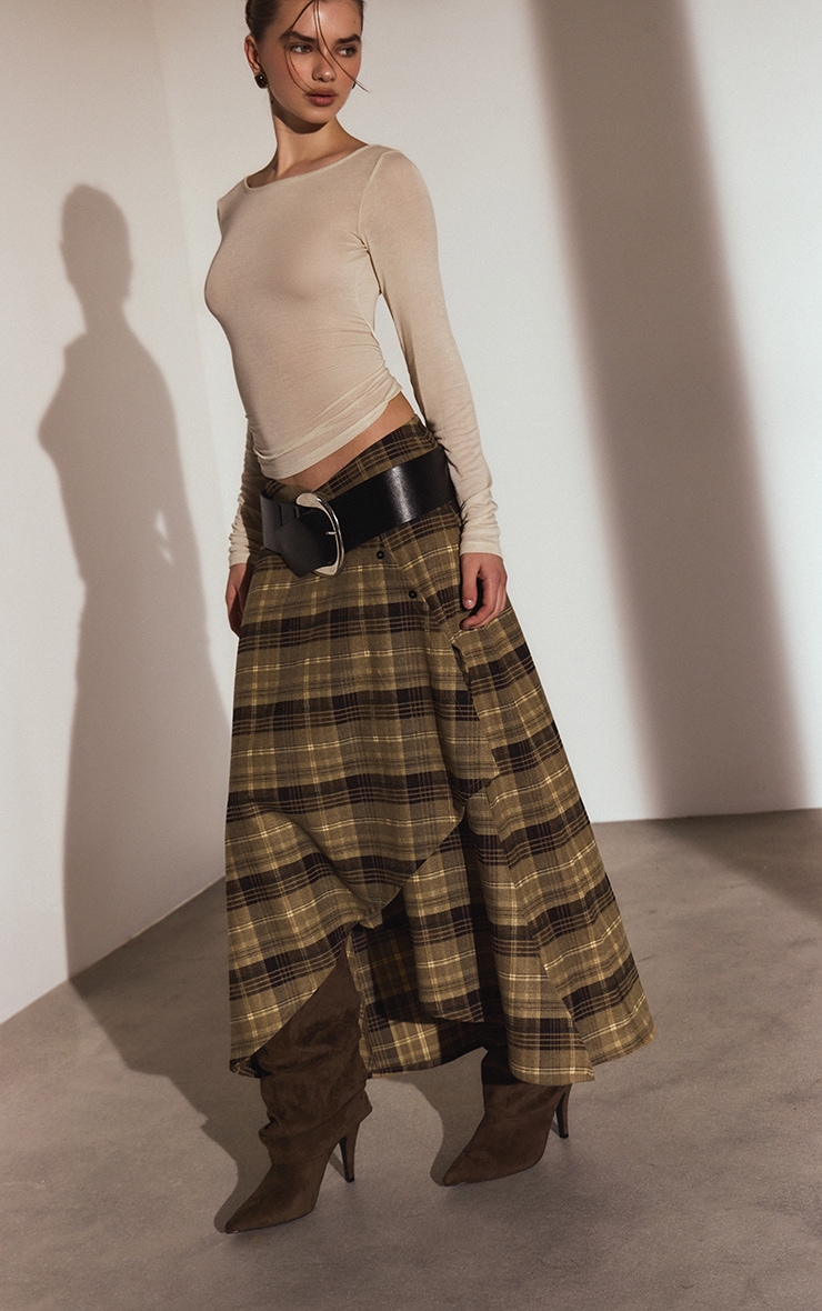 Green Check Brushed Woven Asymmetric Midi Skirt image 2