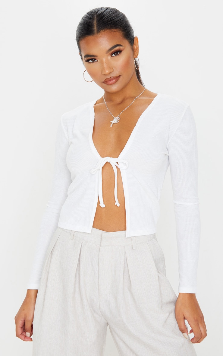 Cream Rib Tie Front Crop Top