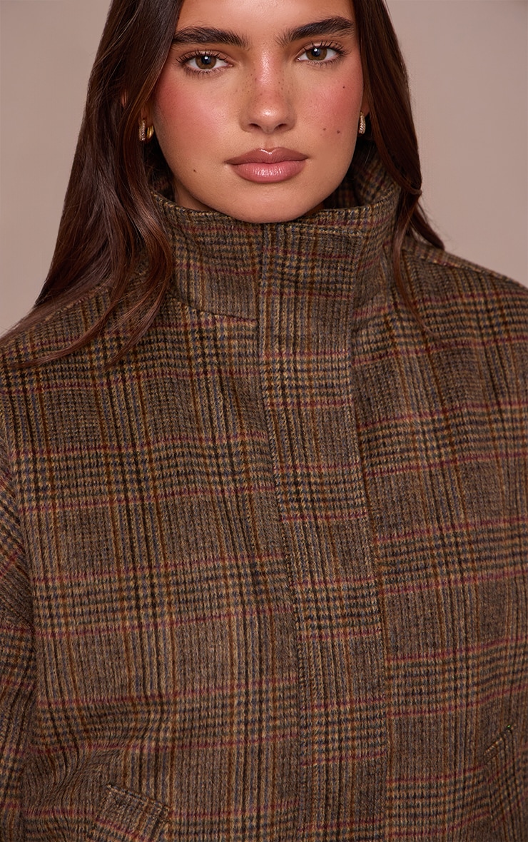 Brown Checked Funnel Neck Bomber Jacket image 4