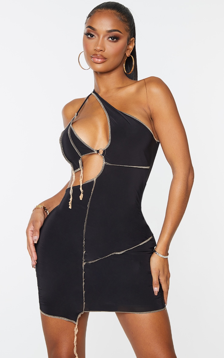 Shape - Robe moulante slinky noire à anneau, coutures et découpes