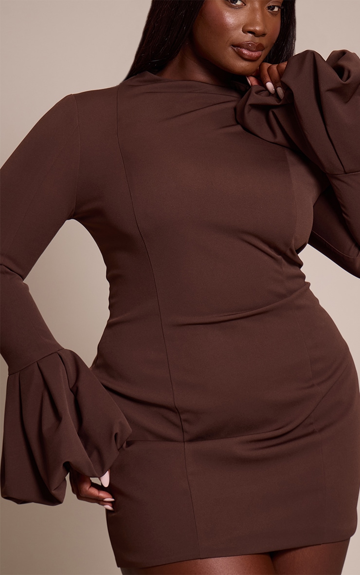 Plus Chocolate High Neck Puff Sleeve Bodycon Dress image 4
