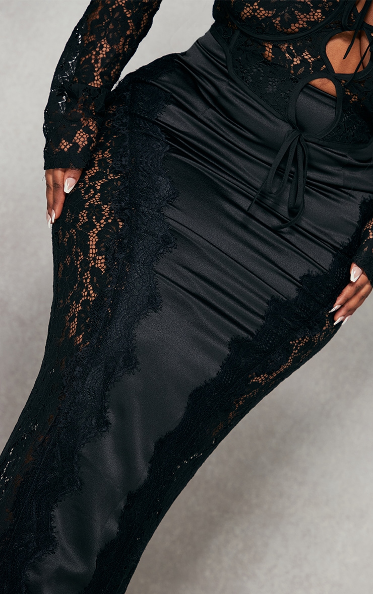 Plus Black Satin Lace Detail Midi Skirt image 4