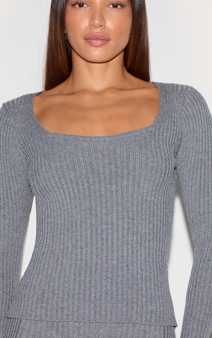 Tall Charcoal Rib Knit Square Neck Long Sleeve Top image 4
