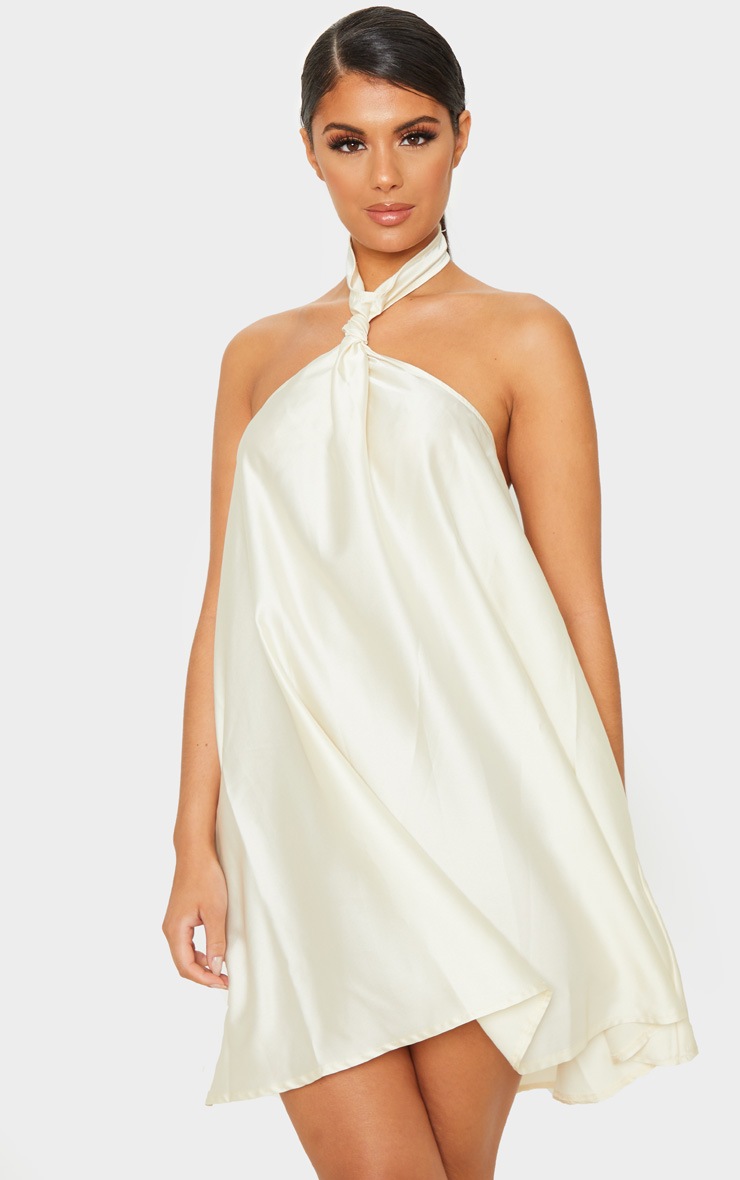 Champagne Satin Knot Detail Halterneck Shift Dress