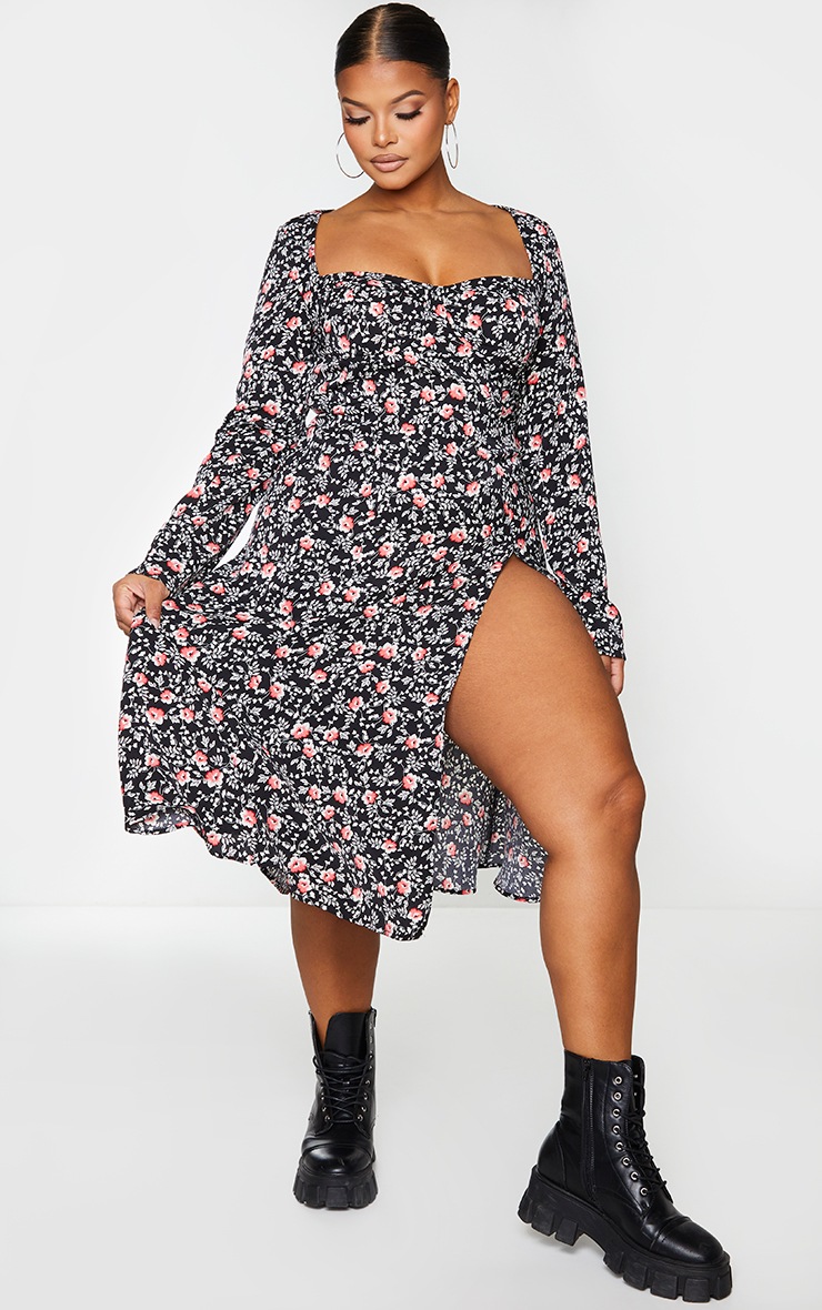 Plus Black Floral Print Cupped Split Detail Midi Dress