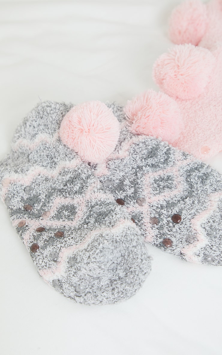 Grey Chenille Fairisle Two Pack Of Sleep Socks