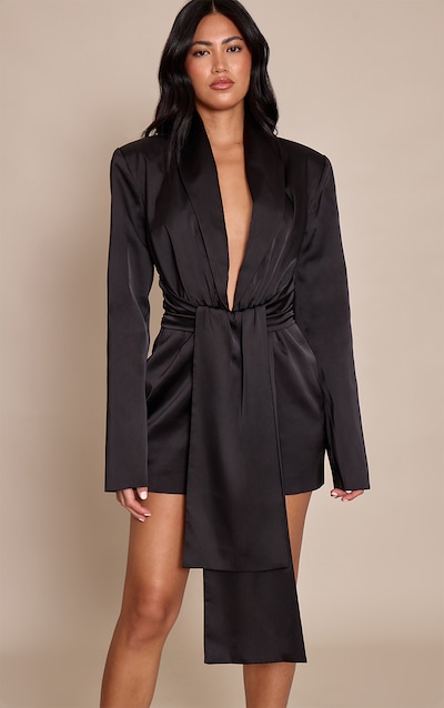 Black Structured Satin Drape Detail Blazer Dress