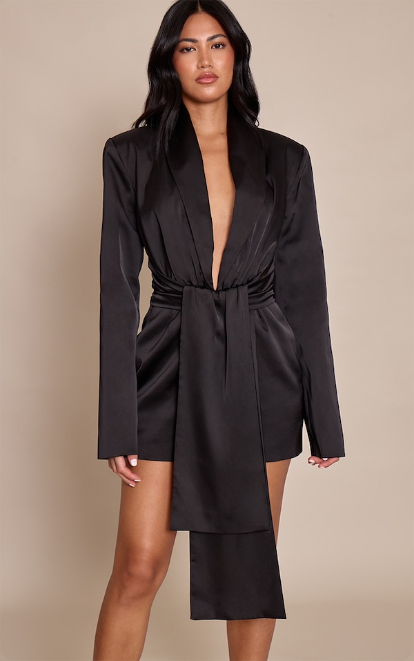 Black Structured Satin Drape Detail Blazer Dress