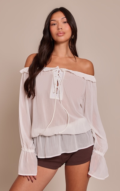 Cream Chiffon Lace Up Detail Bardot Long Sleeve Top
