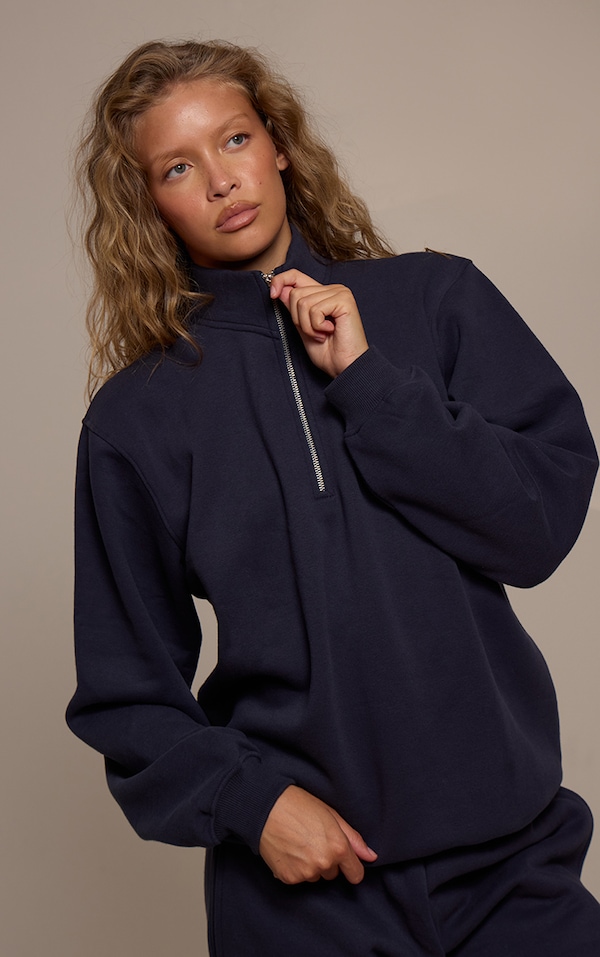 Sweat en coton polaire bleu marine à quart de zip