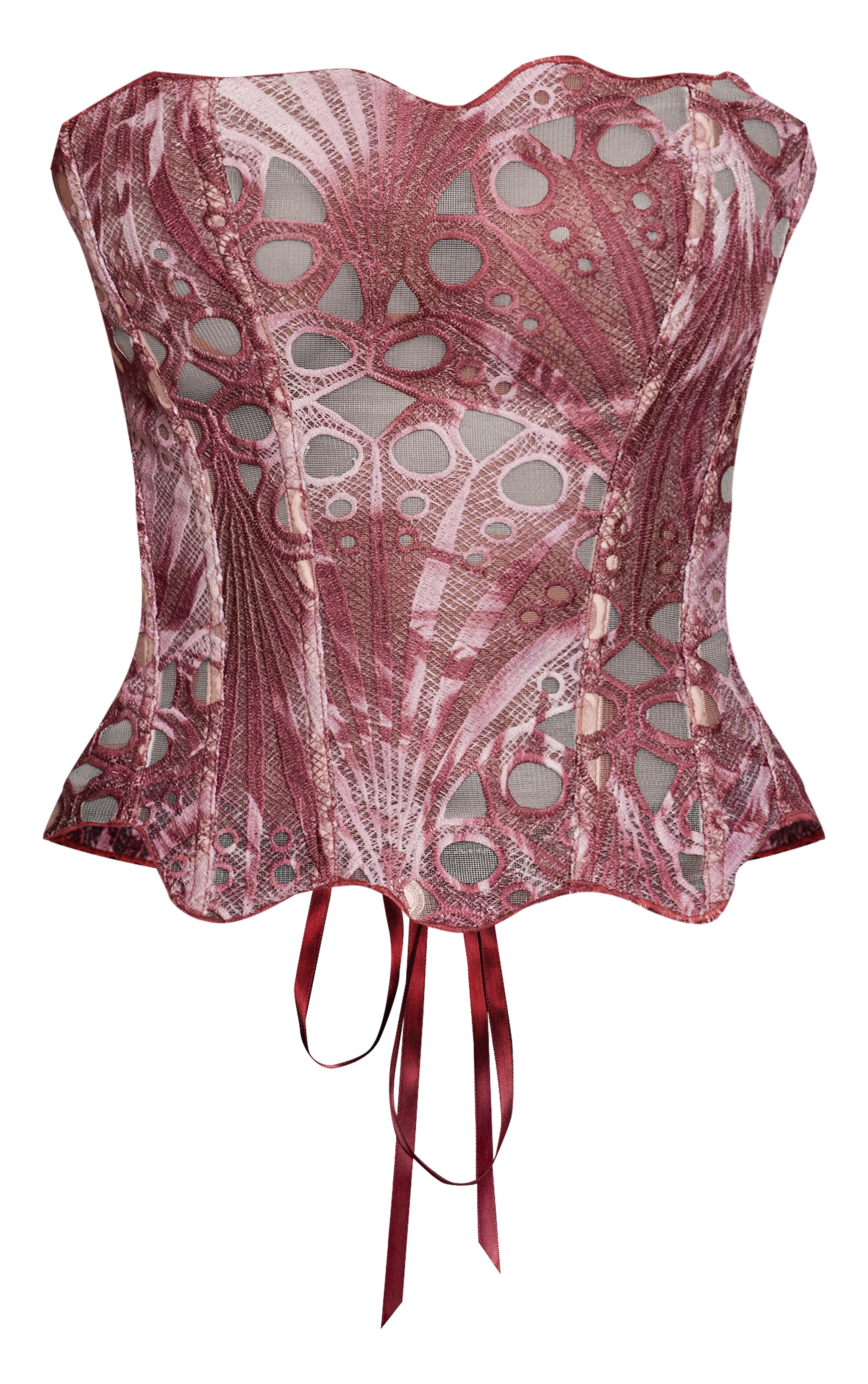 Brown Multi Print Textured Sheer Floral Lace Corset image 5