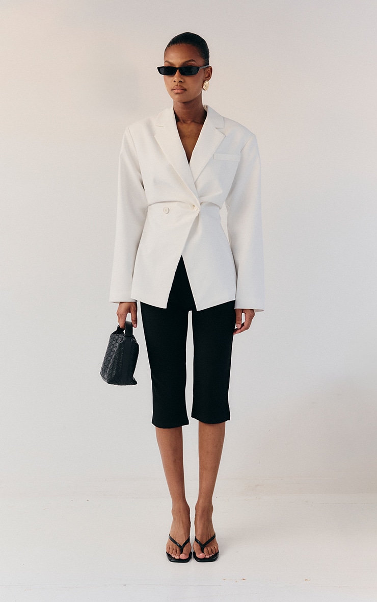 White Linen Look Tailored Cinched Waist Blazer image 3