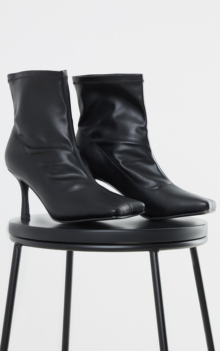 Black Pu Extreme Square Toe Low Heeled Sock Boots PrettyLittleThing