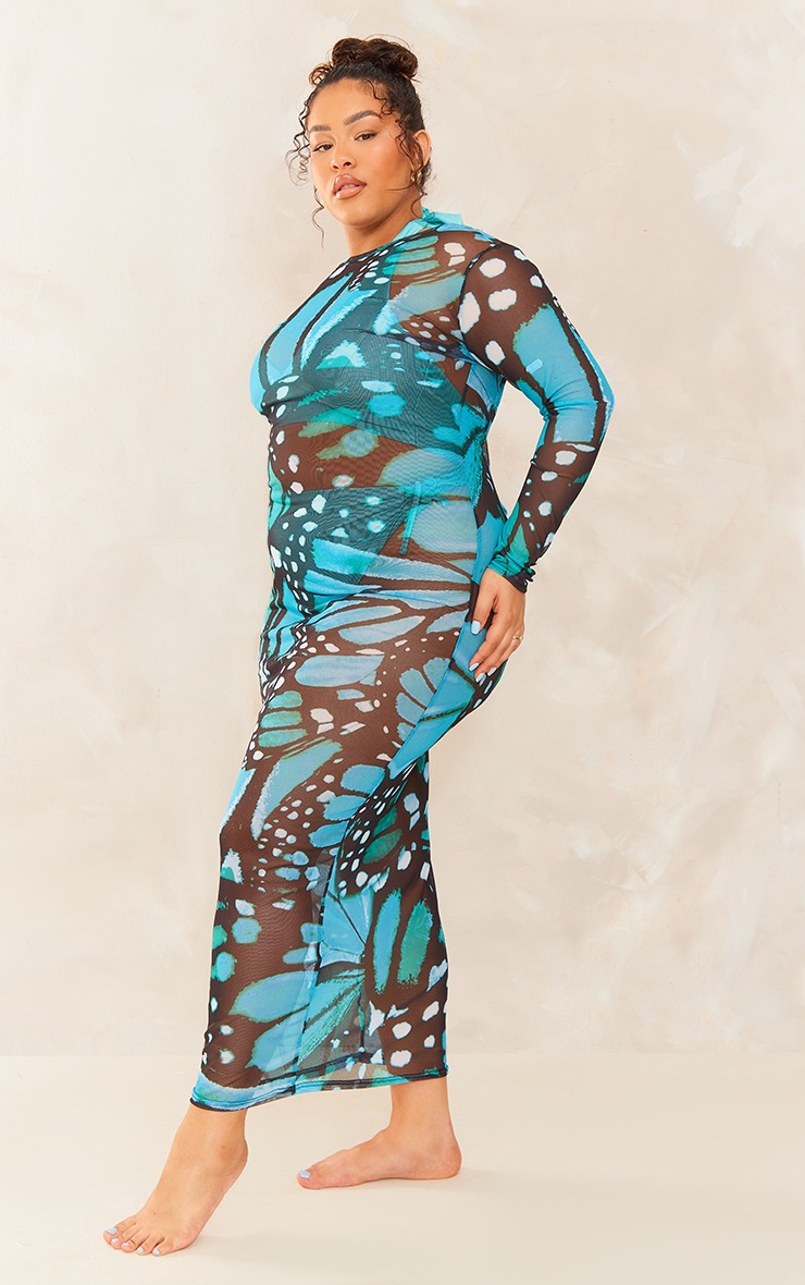  Plus Blue Butterfly Printed Mesh Beach Maxi Dress image 3