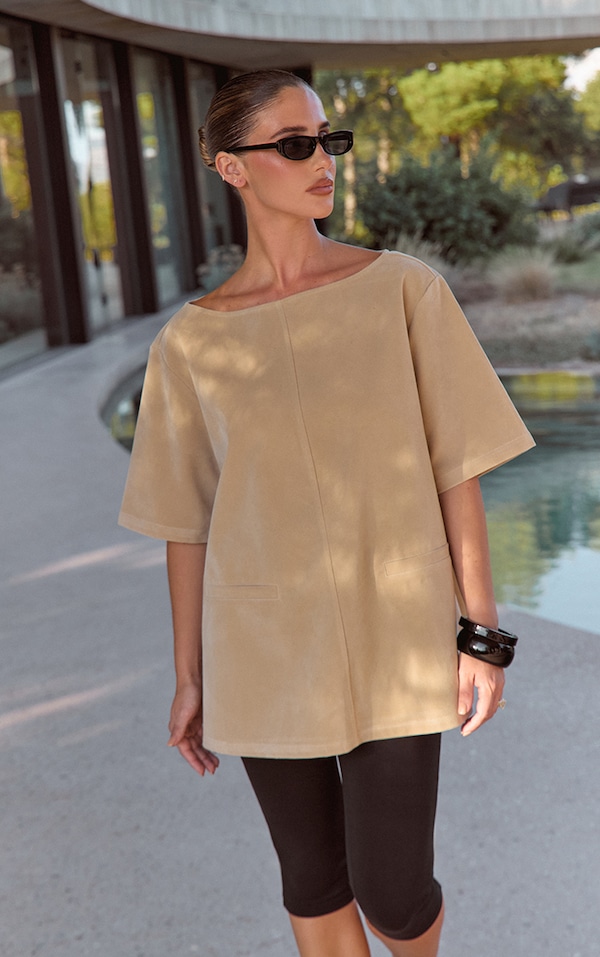 Sand Faux Suede Oversized Boxy Detail Structured Top 