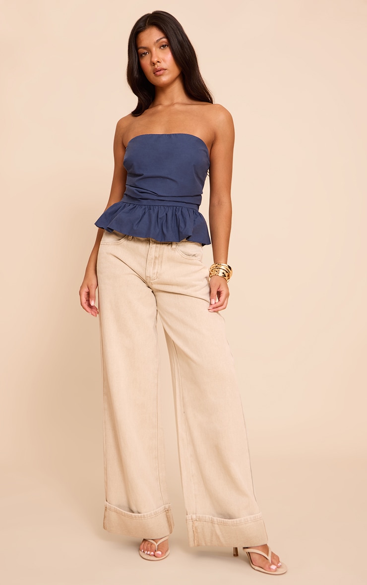 Top bustier péplum en coton bleu marine à volants image 3