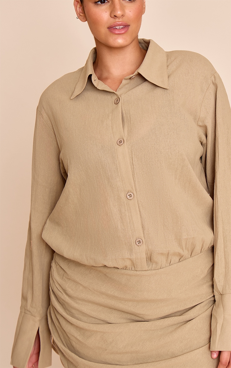 Plus Khaki Linen Look Shirt Style Long Sleeve Skort Playsuit image 4